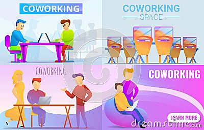 Coworking icons set, cartoon style Vector Illustration