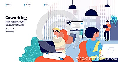 Coworking landing page. Office people, freelance professionals discuss. Perfect working space or creative startup Vector Illustration