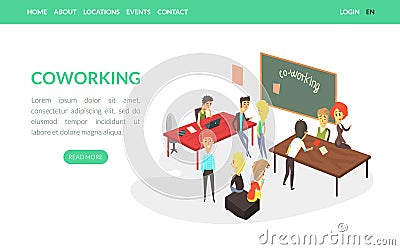 Coworking Landing Page Template, Business People Working Together in Friendly Open Workspace, Freelance, Teamwork Vector Illustration