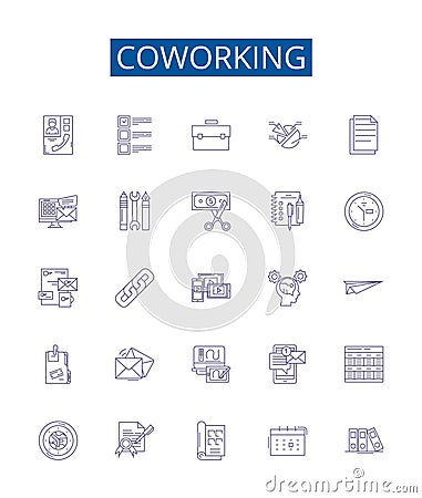 Coworking line icons signs set. Design collection of Sharing, Networking, Office, Collaboration, Community, Rugged, Hot Vector Illustration