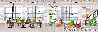 Coworking office loft interior with working people. Vector trendy flat illustration. Creative working space Vector Illustration