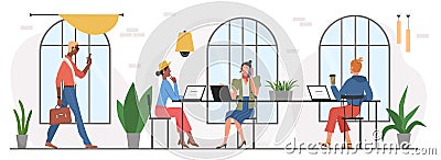 Coworking office open space workplace for cartoon busy business worker people working with laptops Vector Illustration