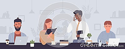 Coworking people, cartoon freelance businessman coworkers sitting at table desk, working on tasks Vector Illustration