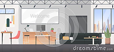Coworking room interior flat design vector illustration, cartoon empty modern office apartment with sofa and desk Vector Illustration