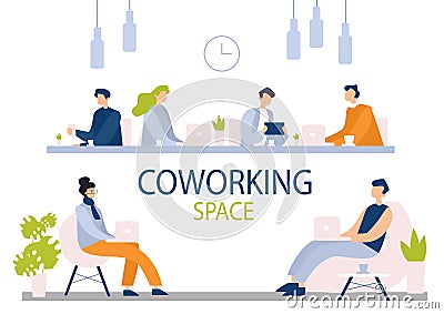 Coworking space flat vector illustration. Office, workplace, teamwork and cooperation. Colleagues, coworkers, office Vector Illustration