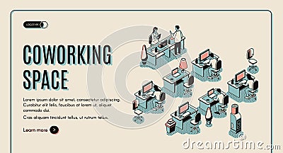 Coworking space isometric landing page. Teamwork Vector Illustration