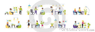 Coworking space set with people characters Vector Illustration