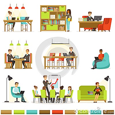 Coworking Workplace, Freelancers Sharing Space And Ideas In Office Where They Work Together Collection Of Illustrations Vector Illustration