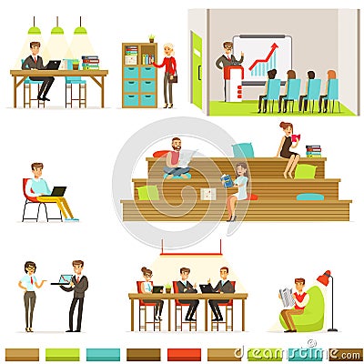 Coworking Workplace, Freelancers Sharing Space And Ideas In Office Where They Work Together Set Of Illustrations Vector Illustration