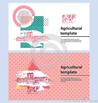 Cows, barn and grain elevator. Set of agricultural banners. Vector Illustration