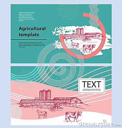 Cows, barn and grain elevator. Set of agricultural banners. Vector Illustration