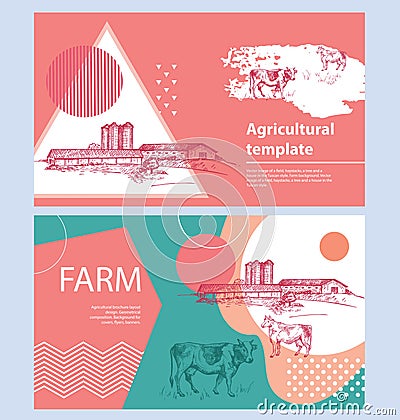 Cows, barn and grain elevator. Set of agricultural banners. Vector Illustration