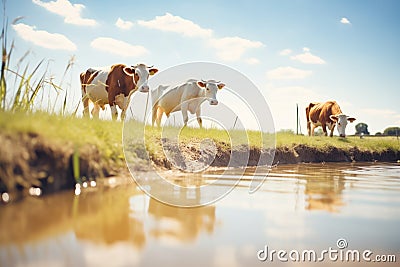 cows drinking from a pond under the midday sun Stock Photo