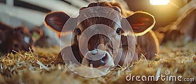 Concept Livestock feeding, Cows eating in barn worker adding food blurred background livestock tag Stock Photo
