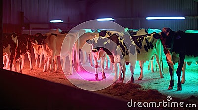 Cows on the Farm. Dairy Cows. Fresh Hay for Dairy Cows. Modern Cowshed on a Farm with Dairy Cows Eating Hay. Generative AI Stock Photo