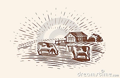 Cows graze in meadow near farm. Hand drawn graphical rural landscape. Sketch vector illustration Vector Illustration