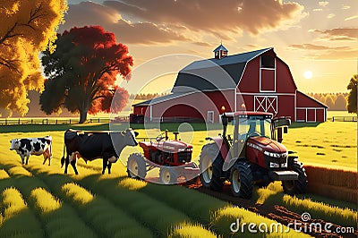 Cows Grazing in a Golden Hour-Lit Pasture, Traditional Red Barn in the Background, a Tractor Plowing Stock Photo