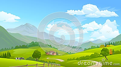 Cows grazing in green fields with huge mountains in the distance Vector Illustration