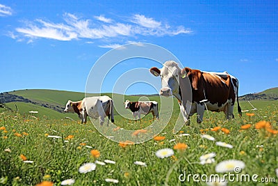 Cows Grazing In Lush Green Pasture With Wildflowers. Generative AI Stock Photo