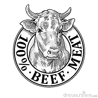 Cows head. 100 percent beef meat lettering. Vintage vector engraving Vector Illustration
