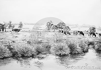 Cows in meadow illustration Cartoon Illustration