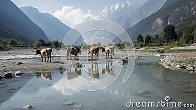Cows at Peace: A Serene Moment in Rural Life. Generative AI Stock Photo