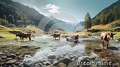 Cows at Peace: Serenity in Rural Life. Generative AI Stock Photo
