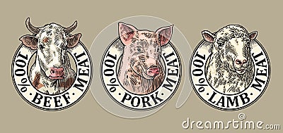 Cows, pig, sheep head. 100 percent beef pork lamb meat lettering. Vintage engraving Vector Illustration