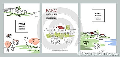 Cows and village houses. Agricultural brochure layout design. Vector Illustration