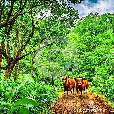 Cows walking on dirt road in tropical forest, Bali island, Indonesia Generative AI Stock Photo