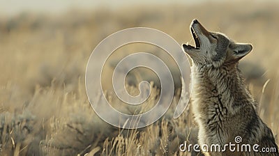 A coyote howls in the distance its mournful cry echoing through the desolate landscape. Stock Photo