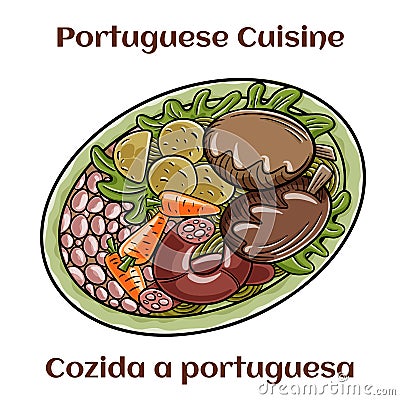 Cozido a portuguesa - traditional portuguese dish with pork, beef, chicken, potatoes, beans, carrots and cabbage Vector Illustration