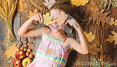 Coziest things about fall. Kid cute girl relax wooden background autumn attributes top view. Child long hair with dry Stock Photo