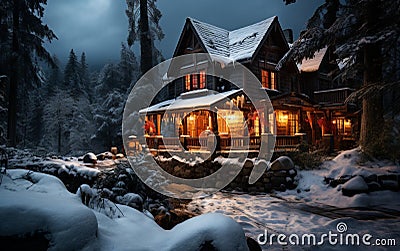 the Coziness of a Snowy Wilderness Rustic Cabin. Stock Photo