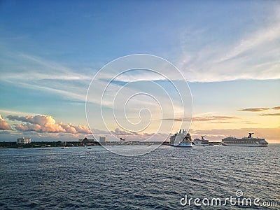 Cozumel, Mexico - December 5, 2019: Cruise ships staying at Cozumel Mexico island port. Beautiful West Caribbean natural landscape Editorial Stock Photo