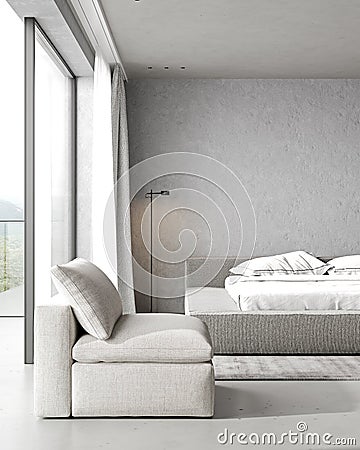 Cozy armchair in minimalist bedroom interior design, concrete wall, 3d rendering Stock Photo