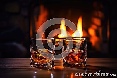 Cozy atmospehere with two whiskey glasses against the fireplace. Created with Generative AI technology Stock Photo