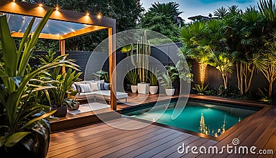 the cozy atmosphere of a homely patio in the back garden with wooden decking, tropical plants and a mini-pool Cartoon Illustration