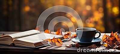 Cozy autumn ambiance: An open book and a cup of steaming coffee on a wooden table surrounded by colorful fall leaves Stock Photo