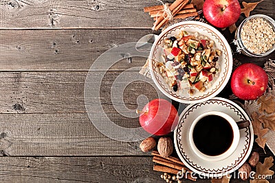 Cozy autumn breakfast scene on rustic wood Stock Photo