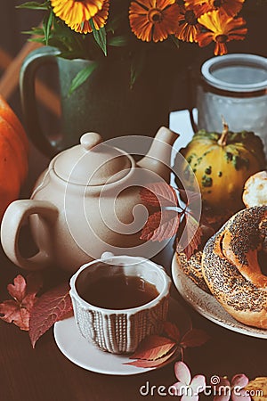 Cozy autumn breakfast on table in country house Stock Photo