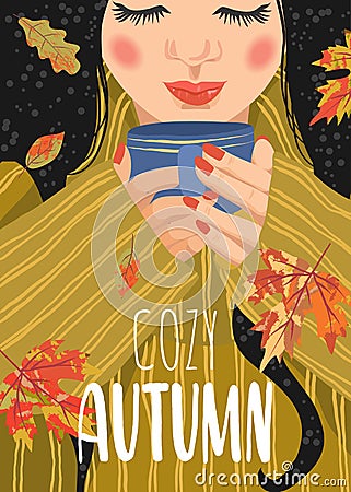 Cozy autumn. Cute flat vector illustration of woman with a cup of tea and falling leaves. Vector Illustration