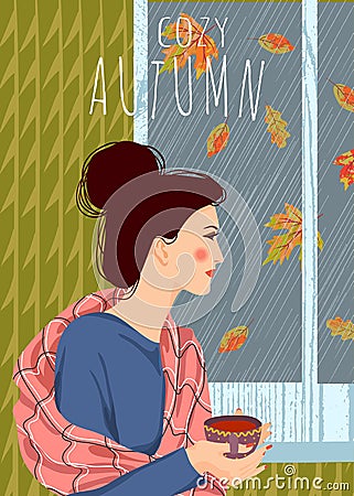 Cozy autumn. Cute vector vertical illustration of woman with a cup of tea looking out the window. It`s raining outside Vector Illustration