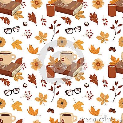 Cozy autumn mood seamless background. Hot drink, book, glasses, flowers,and leaves Vector Illustration