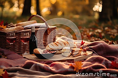 Cozy autumn picnic in the park with sandwiches and a plaid blanket. Generative AI Cartoon Illustration