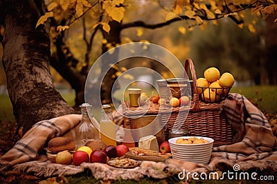 cozy autumn picnic scene with homemade cider and warm blankets Stock Photo