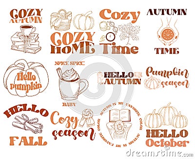 Cozy autumn retro design set, fall vector T-Shirt design bundle, Thanksgiving and fall holidays Vector Illustration