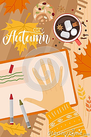 Cozy Autumn romantic concept with creative notebook, hot drink, cookies, girl hand, Autumn red leaves. Autumn flat lay Vector Illustration