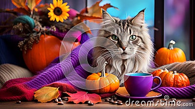 Cozy autumn still life with cats, pumpkins, sunflowers and coffee cup on grunge wooden table Stock Photo