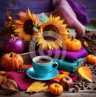 Cozy autumn still life with pumpkins, sunflowers and coffee cup on grunge wooden table Stock Photo